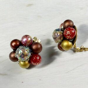Vintage Clip-on Earrings Cluster Faux Pearls Textured Multicolored